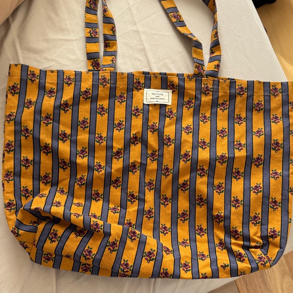Sezane Striped Floral Tote Bag